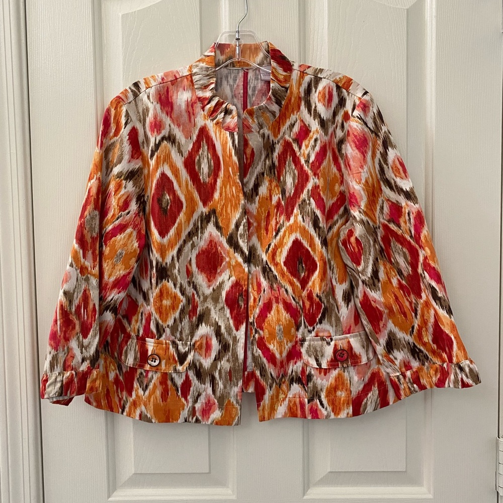 Chico’s Multi Color Ikat Print Open Front Jacket - Picture 2 of 10